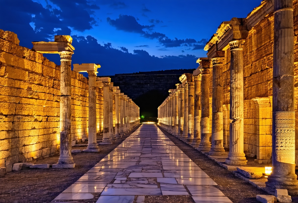 A marble street lined with columns at Ephesus at twilight